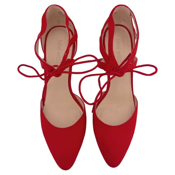 NINE WEST • Bright Red Stefani Suede Strappy Pointed Toe Block High Heels - Picture 2 of 14